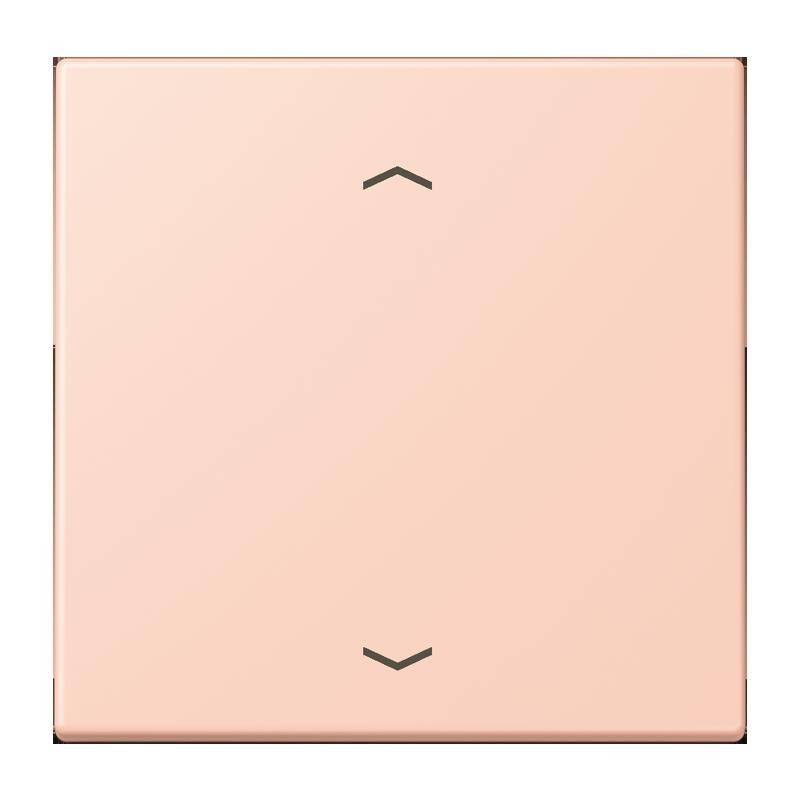 Ein quadratischer Lichtschalter mit minimalistischem Design in Roségold, auf dem oben ein einzelner Pfeil nach oben und unten ein Pfeil nach unten zeigt.