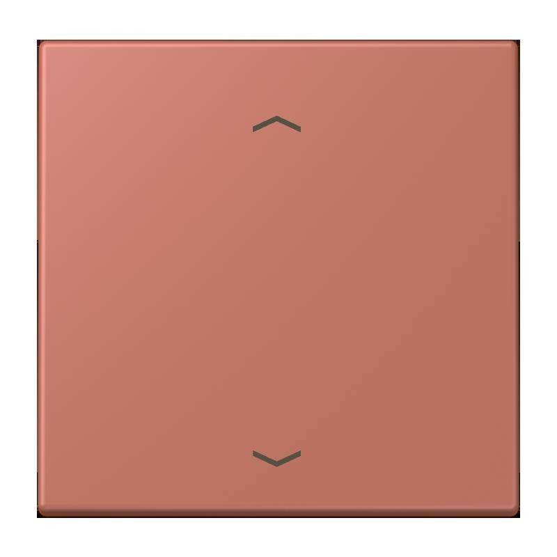 Ein quadratischer, pfirsichfarbener Lichtschalter mit kleinen Pfeilen, die nach oben und unten zeigen und eine Verstellbarkeit andeuten.