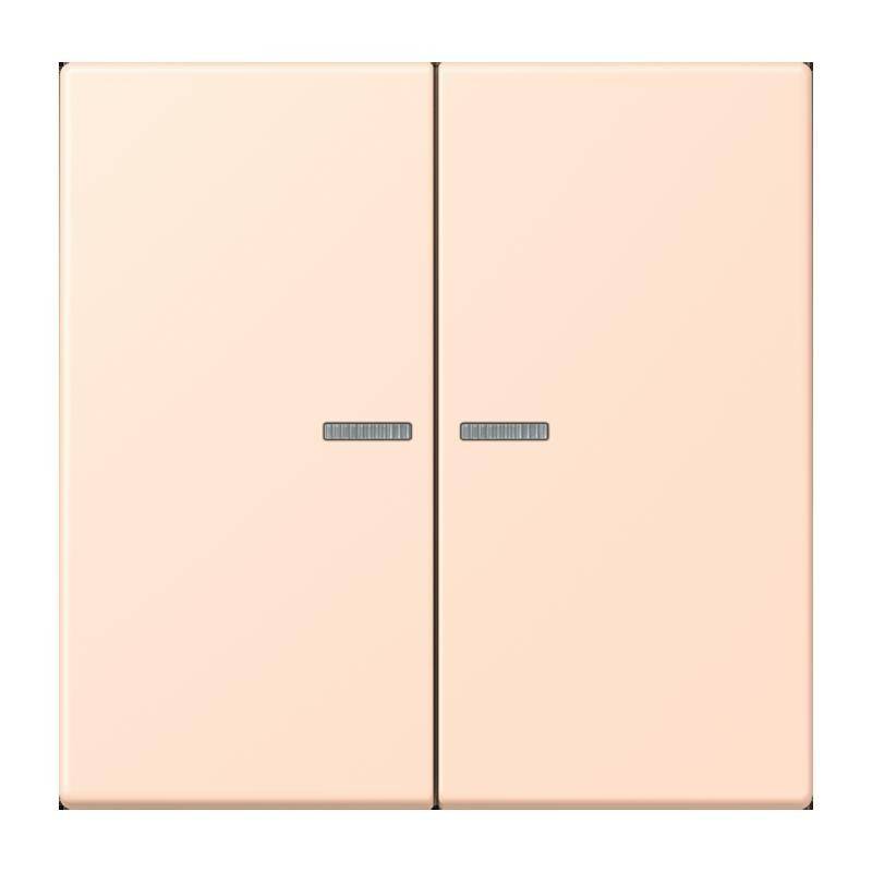 Ein beige farbener Doppel-Lichtschalter mit zwei rechteckigen Wippschaltern und kleinen horizontalen Rillen in jedem Panel, vor einem weißen Hintergrund.
