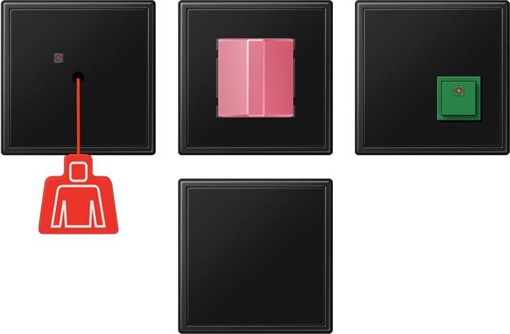 Drei schwarze quadratische Rahmen, einer davon mit einem rosa Rechteck im Inneren; ein roter Play-Button ist teilweise auf der linken Seite sichtbar.