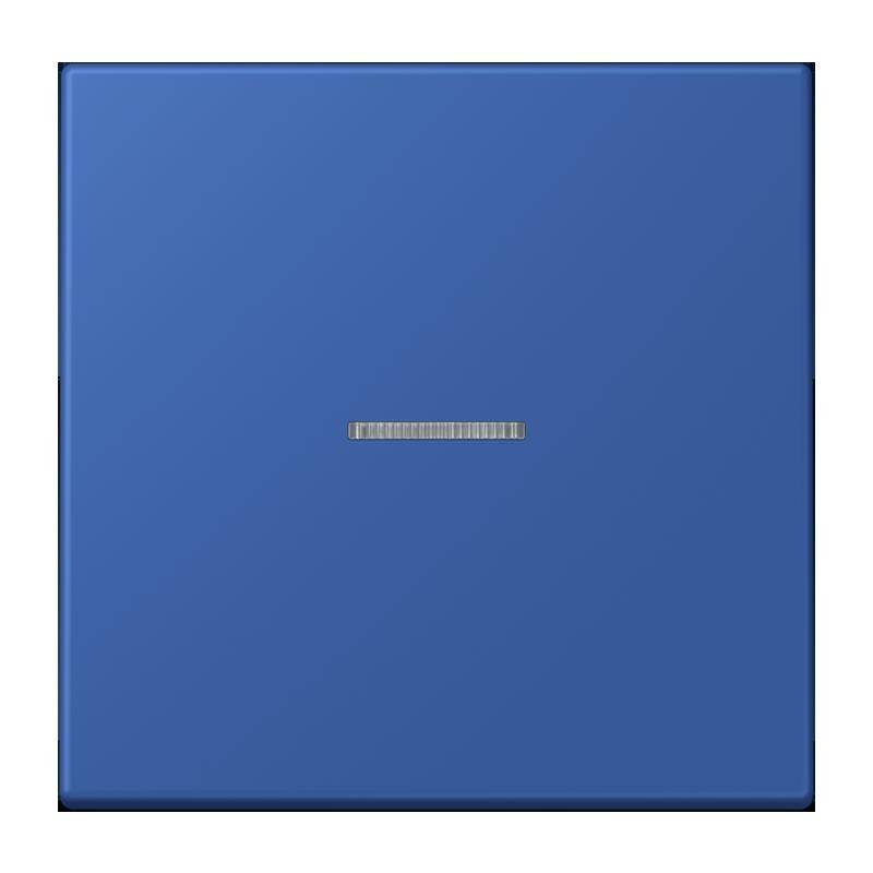 Eine blaue quadratische Oberfläche mit einem schmalen horizontalen Metallstreifen in der Mitte.