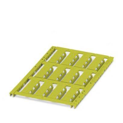 Ein gelb gestrichenes Metallregal-Panel mit einem Gitter aus rechteckigen Aussparungen zur Belüftung oder Gewichtsreduzierung, aus einer schrägeren Perspektive gezeigt.