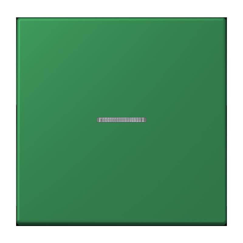Ein quadratischer grüner Schalter mit einer horizontalen silbernen Linie in der Mitte, der ein minimalistisches Design zum Ein- und Ausschalten eines Geräts andeutet.