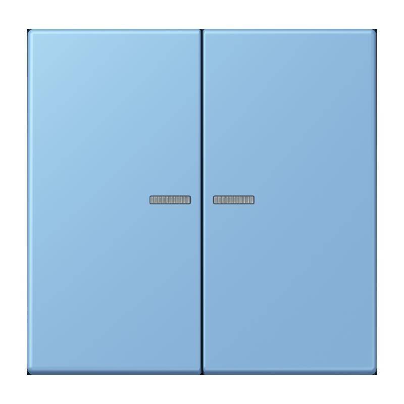 Eine hellblaue Doppelflügeltür mit kleinen horizontalen Griffen in der Mitte jedes Flügels, vor einem schlichten Hintergrund.