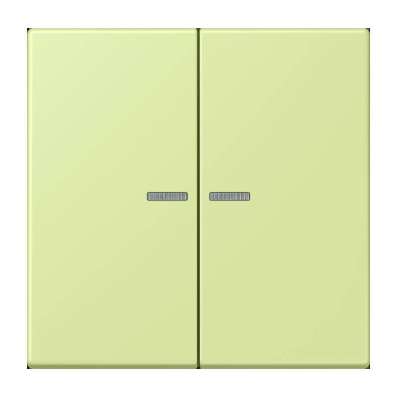 Ein lindgrüner, zweitüriger Wandschrank mit kleinen horizontalen Griffen in der Mitte jeder Tür.