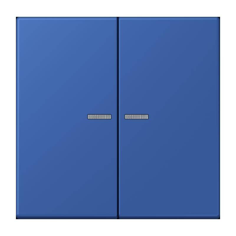 Ein blauer Doppeltürenschrank mit schlanken, modernen Griffen, geschlossen und von vorne betrachtet.