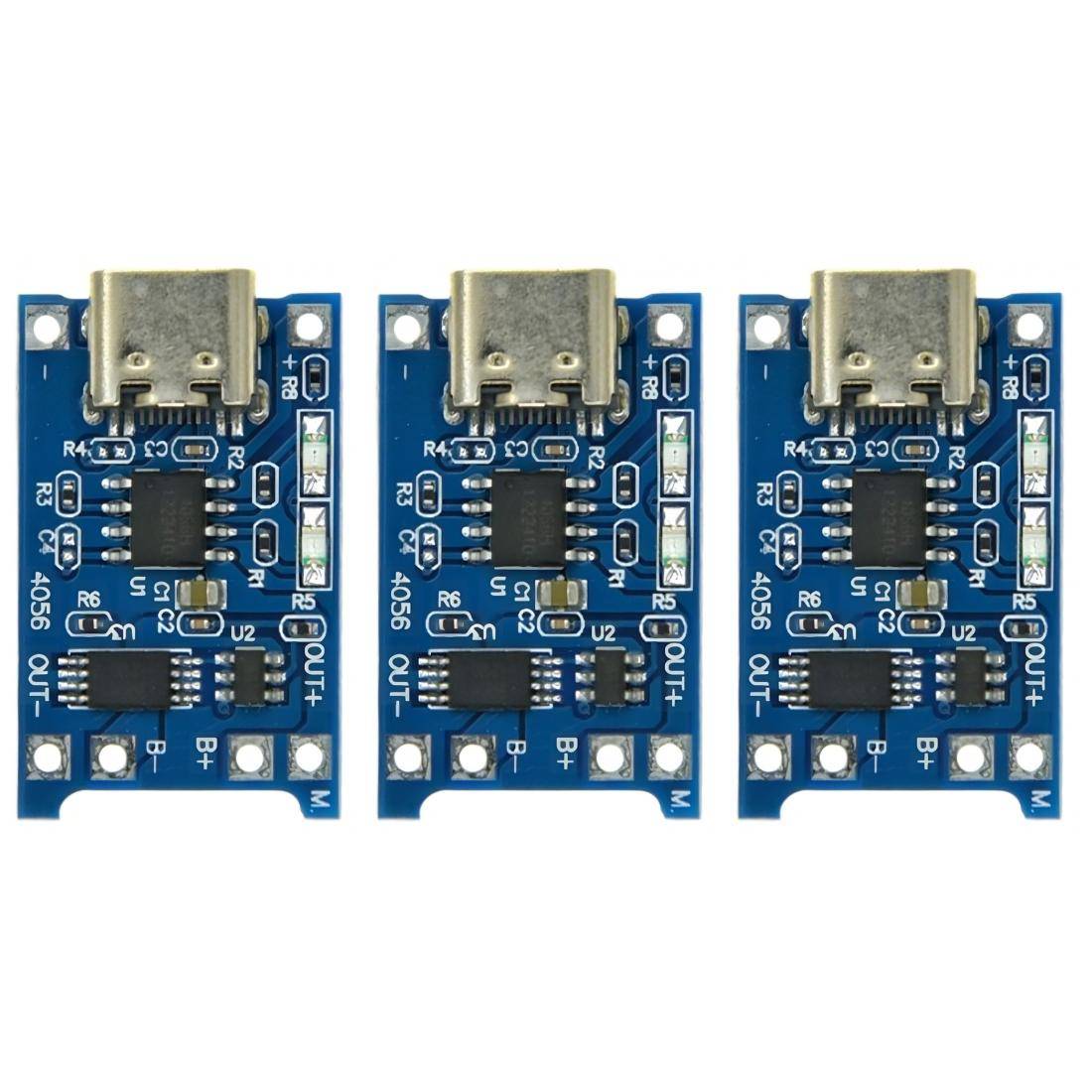 3 x Ladeplatine für 3,7V LiIon / LiPo Akkus, mit Ausgang, USB Type C Buchse > Lötpads, 1000mA