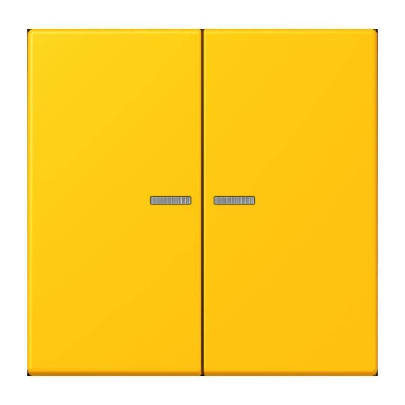 Ein heller gelber Lichtschalter mit zwei rechteckigen Tasten, die jeweils einen kleinen horizontalen Indikator in der Mitte aufweisen.