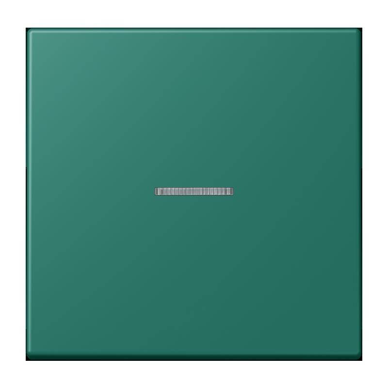 Ein quadratischer, grüner, Kunststoff-Lichtschalter mit einer horizontalen, silbernen Indikatorlinie in der Mitte.