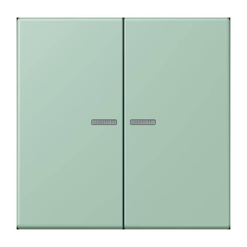 Ein minimalistisches, hellgrünes Doppeltürpaneel mit kleinen rechteckigen Griffen, höchstwahrscheinlich ein Haushaltsgerät oder ein Schrank, von vorne betrachtet.