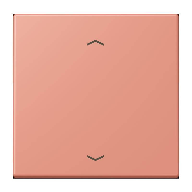 Ein quadratiger, rosa Lichtschalter mit minimalistischem Design und zwei schwarzen Pfeilsymbolen, einer zeigt nach oben und der andere nach unten.
