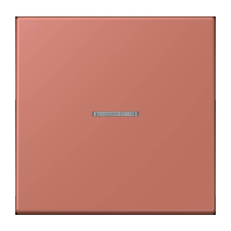 Eine quadratische, minimalistische Lichtschalterabdeckung in Rosa mit einem zentralen rechteckigen metallischen Knopf zum Ein- und Ausschalten.