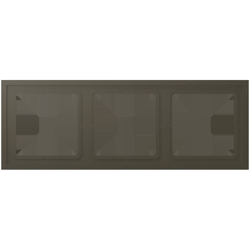 Ein dunkles, rechteckiges Panel, das in drei gleich große Abschnitte unterteilt ist, mit undeutlichen Details.