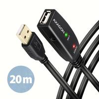 AXAGON USB 2.0 Repeaterkabel, Länge 20 Meter, schwarz. Mit USB-Anschlüssen und LED-Indikatoren.