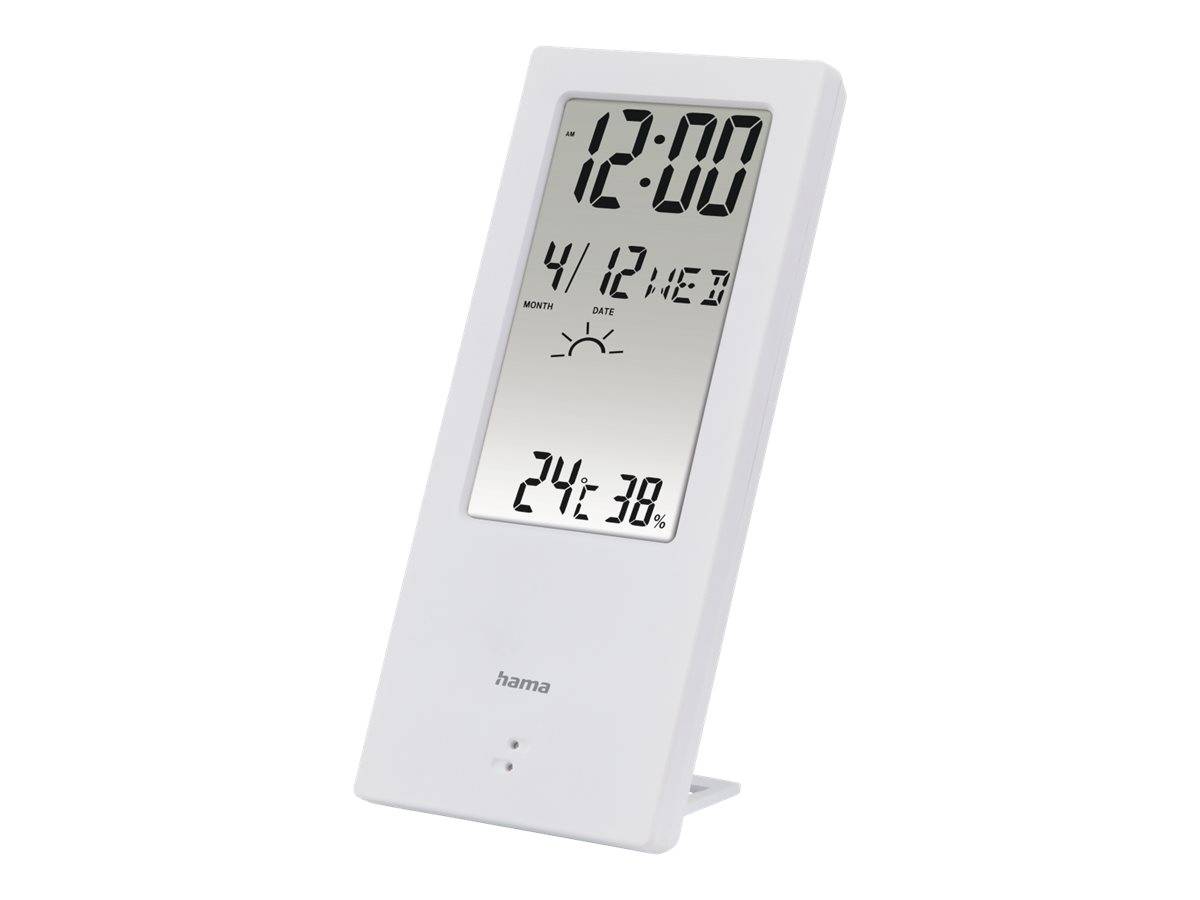 Weiße digitale Schreibtischuhr/Anzeige mit 12:00 Uhr, Datum 4/12 und Temperatur 24°C, mit einem Sonnenaufgang-Symbol und Hama-Branding.