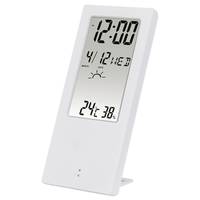 Weiße digitale Schreibtischuhr mit Anzeige von 12:00, Datum 4/12, Wettersymbol und 24°C/38% auf einem Ständer.