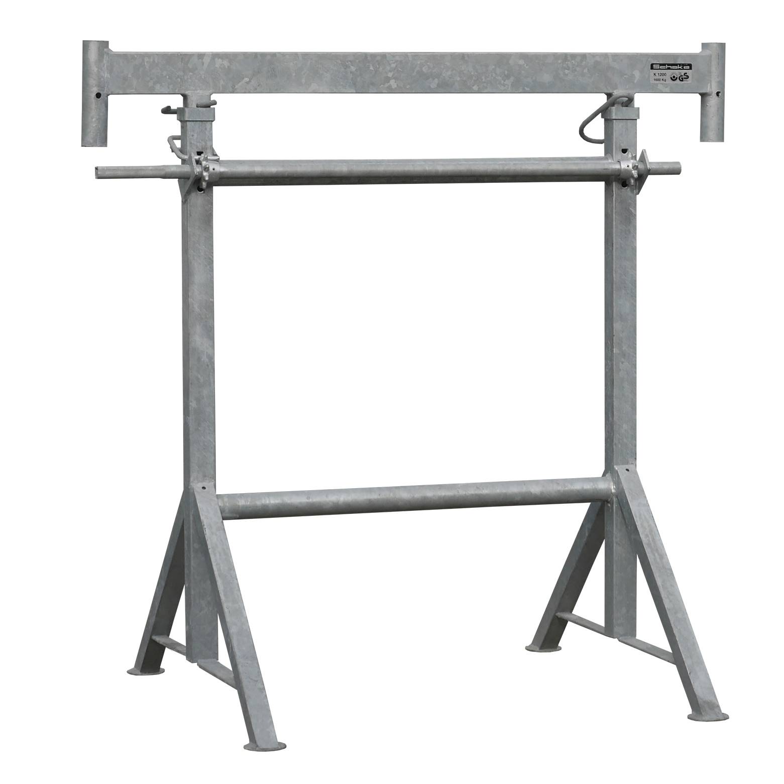 Metallisches Sägebock mit verstellbarer Höhe und stabilen Beinen auf weißem Hintergrund. Wird zum Abstützen von Materialien beim Schneiden oder Konstruktionsarbeiten verwendet.