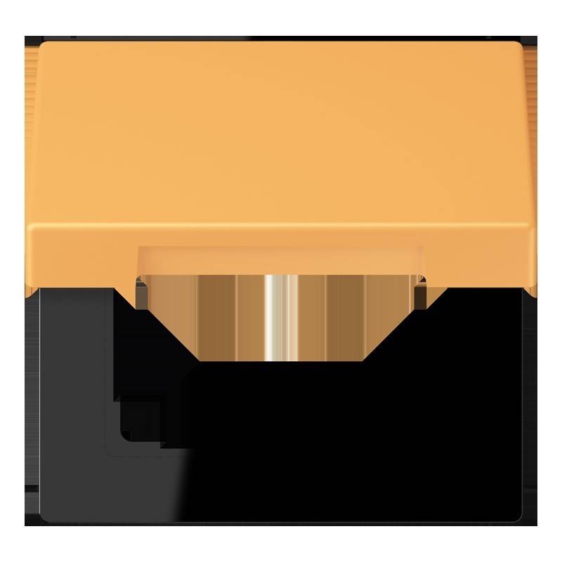Eine orange-schwarze Diskette, von der Beschriftungsseite betrachtet, mit einem Ausschnitt in der unteren Mitte.