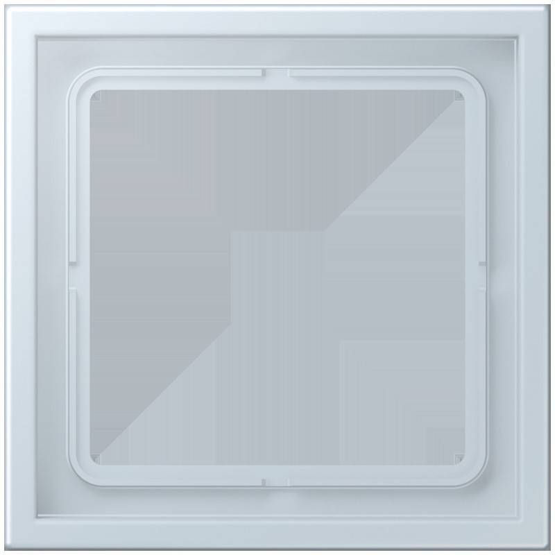 Ein quadratisches Fenster mit weißem Rahmen, das eine hellgraue Tönung auf dem Glas aufweist.