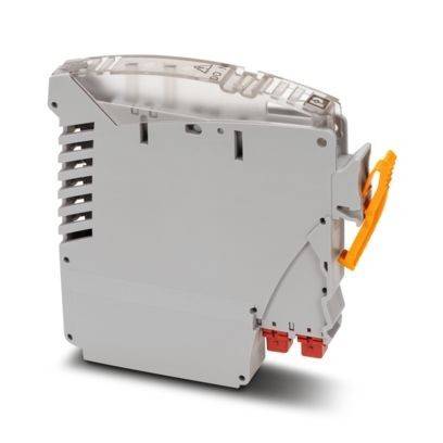 Ein kompaktes elektronisches Gerät mit einer grauen, kastenförmigen Form mit Kühlschlitzen, einer transparenten Oberseite und orangefarbenen sowie roten Anschlüssen an der Seite.
