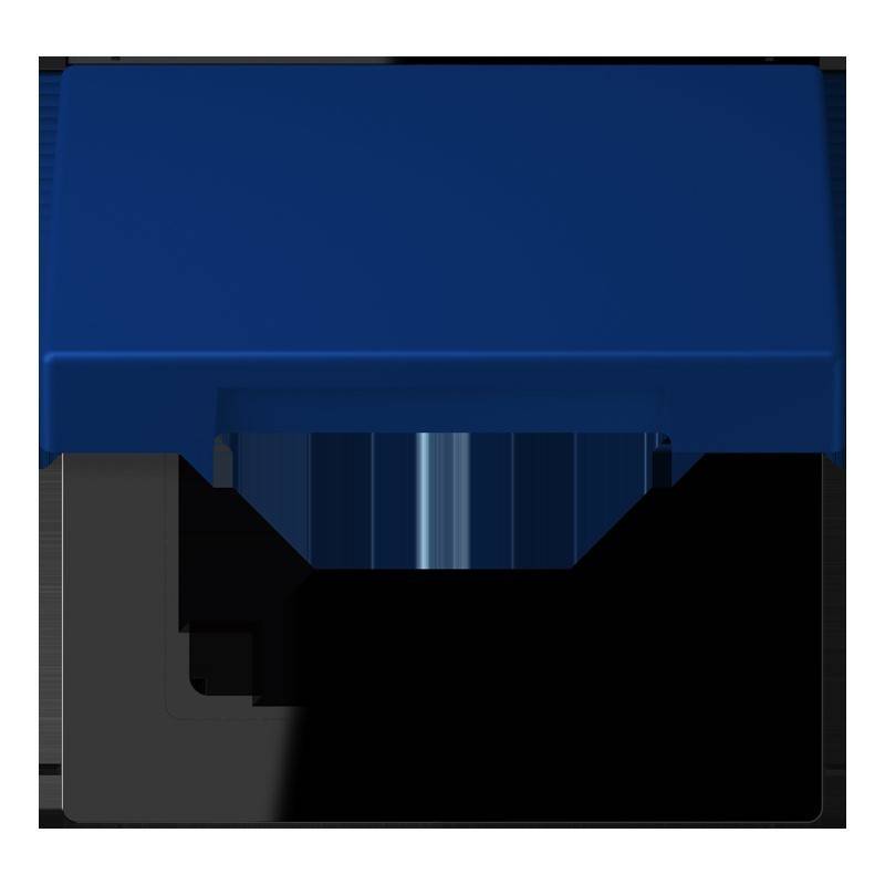 Ein blaues und schwarzes quadratisches Objekt mit einem griffähnlichen Element, möglicherweise ein mechanisches oder elektronisches Gerät.
