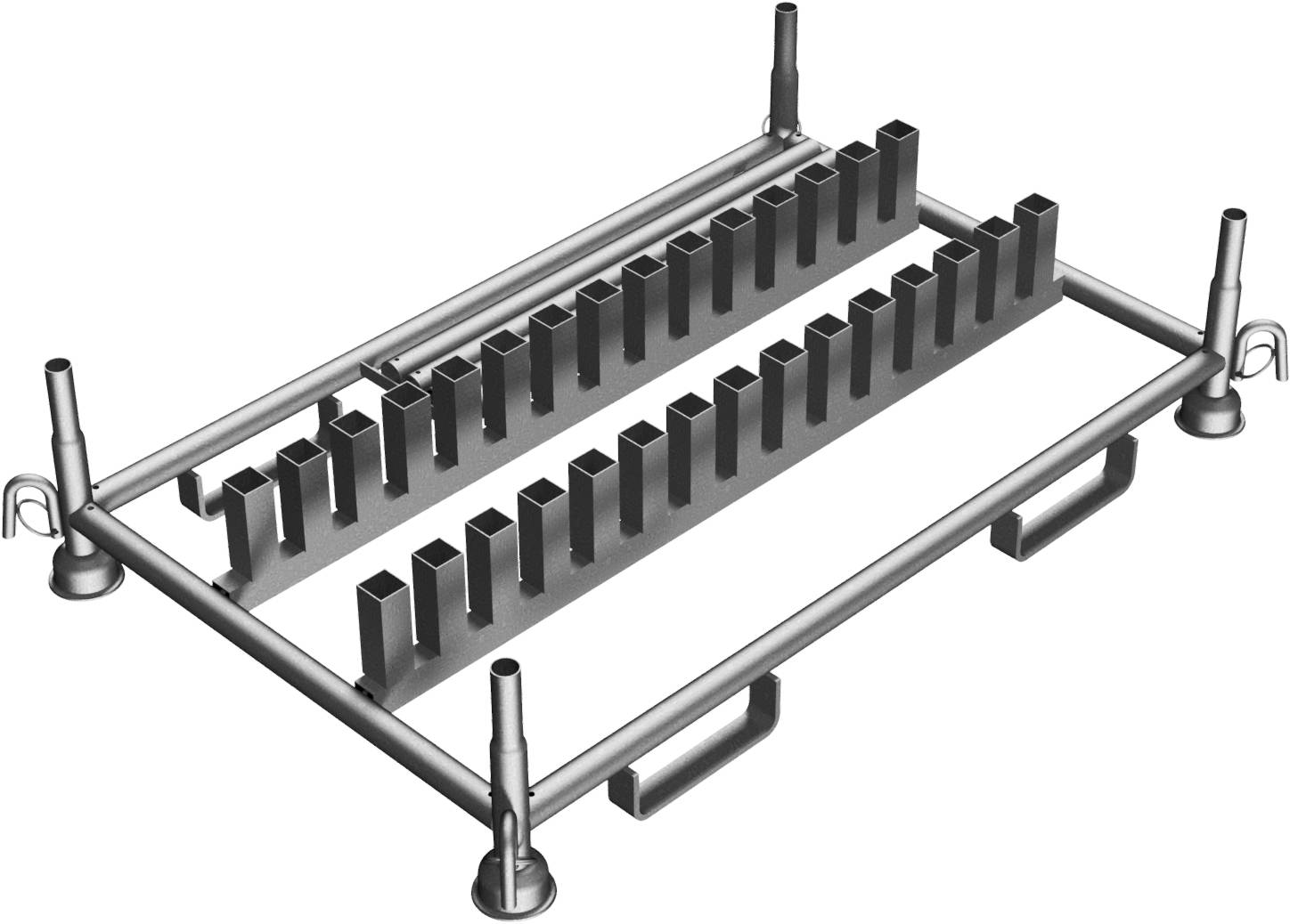 Ein Metallregal mit zwei Reihen von gleichmäßig verteilten vertikalen Schlitzen zum Halten von dünnen Gegenständen. Zwei Griffe sind an den Seiten für einfaches Tragen angebracht.