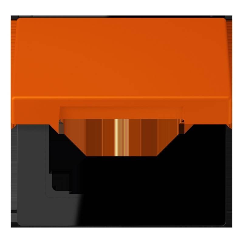 Eine orange Diskette mit einem schwarzen Schieber, von oben betrachtet.