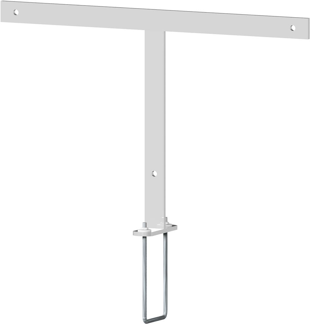 Ein T-förmiger Metallzaunpfostenstützer mit zwei Löchern auf der Querleiste und zwei Bolzen an der Verbindungsstelle, verwendet zum Sichern von Pfosten.