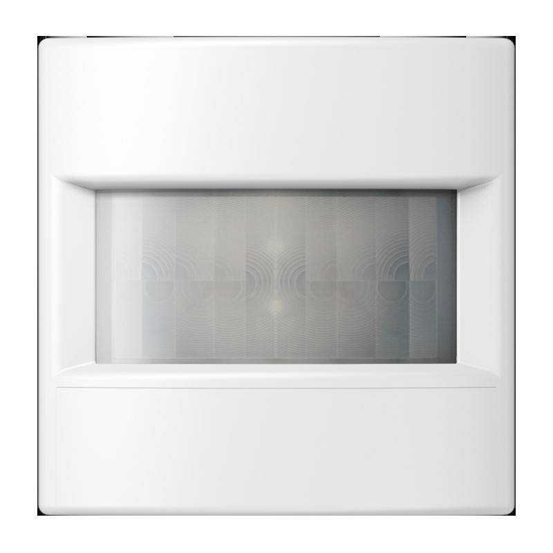 Ein weißer Bewegungsmelder mit rechteckigem Design und einem transluzenten Zentralbereich zur Bewegungserkennung.
