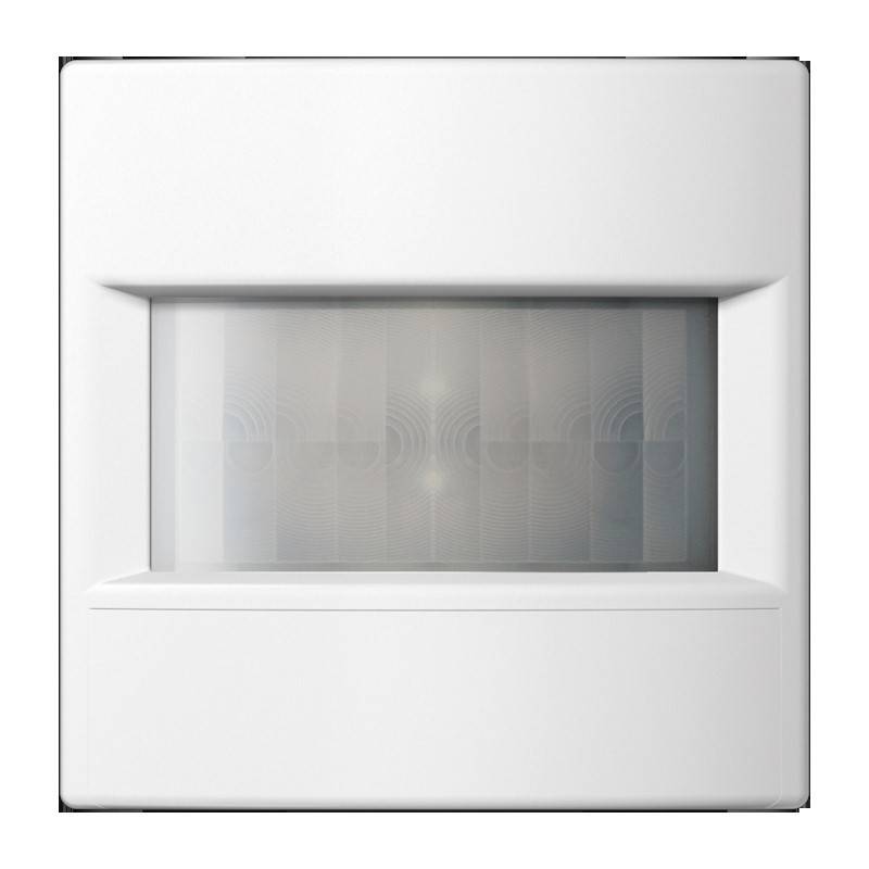 Ein weißer, quadratischer elektronischer Wandsensor mit einem rechteckigen Erfassungsbereich in der Mitte, vor einem einfarbigen Hintergrund.