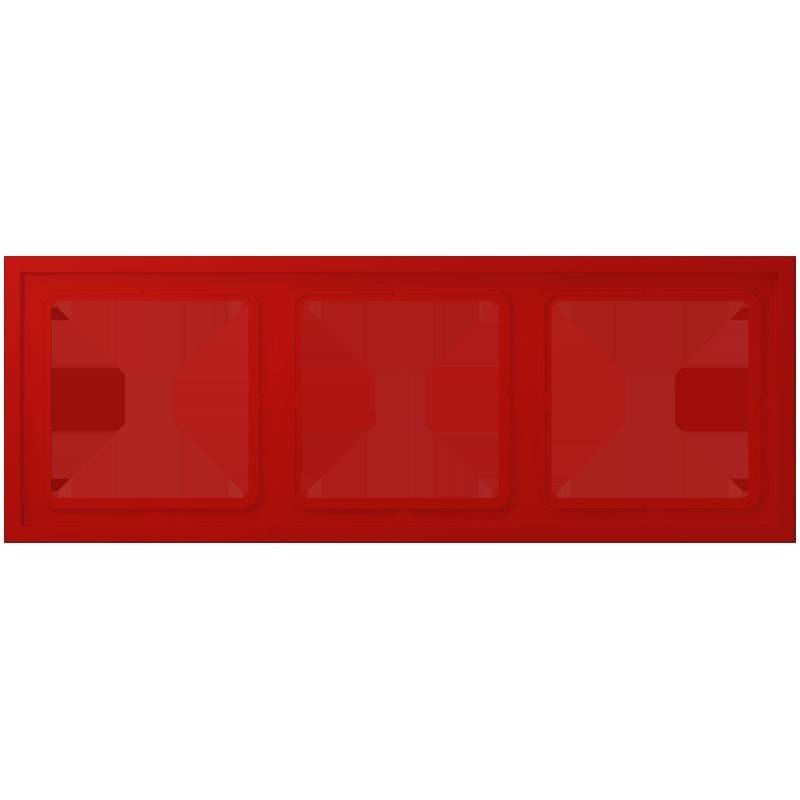 Drei rote quadratische Tafeln in einer horizontalen Reihe, die jeweils ein geometrisches Muster aus überlappenden Quadraten und Dreiecken aufweisen.