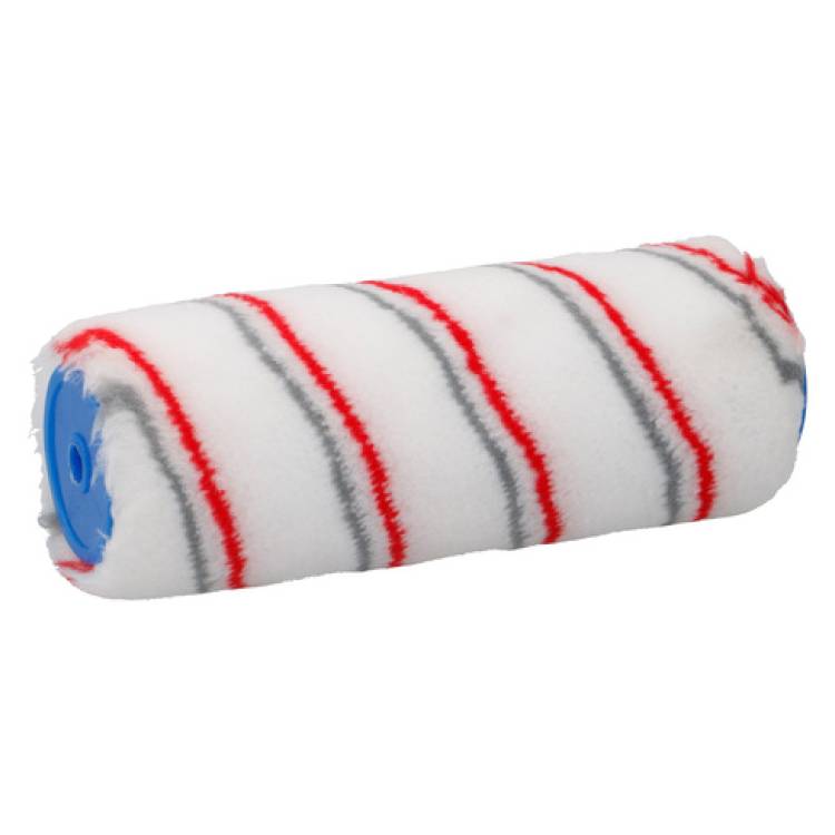 Eine weiße Farbrolle mit roten und grauen Streifen, die zum gleichmäßigen Auftragen von Farbe auf Oberflächen verwendet wird.