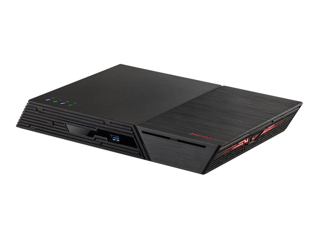 Eine schlanke, schwarze Gaming-Konsole mit blauen und grünen LED-Anzeigen und belüfteten Seiten zur Kühlung, geeignet für elegante, moderne Einrichtungen.