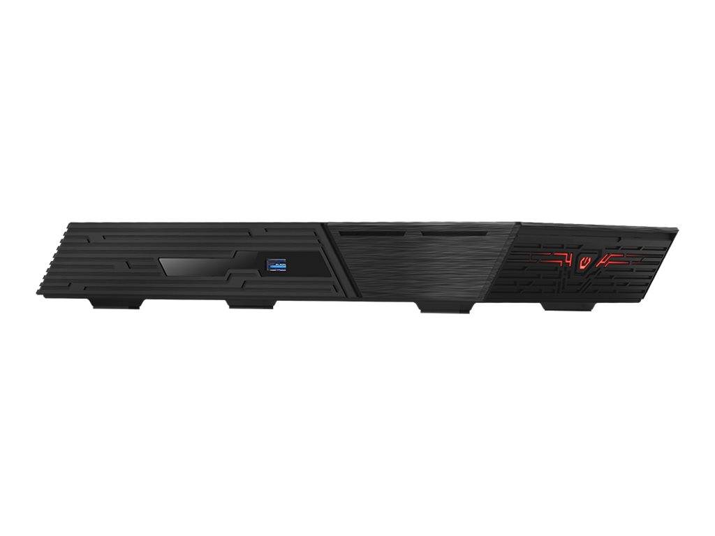 Eine schlanke, schwarze Spielekonsole mit roten Akzenten auf der rechten Seite und einem blauen USB-Anschluss auf der linken Seite, die ein elegantes Design präsentiert.