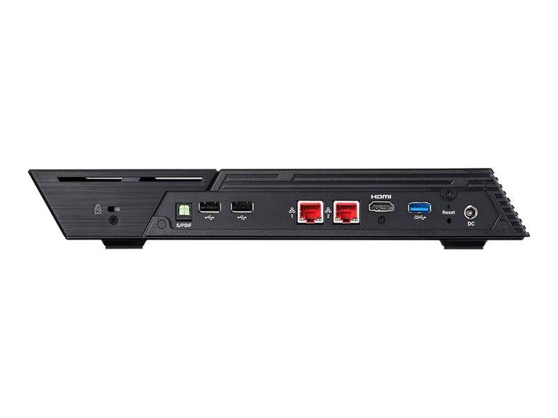 Rückseite eines Gaming-Laptops mit verschiedenen Anschlüssen wie USB, HDMI, Ethernet, Stromanschluss und Rücksetztaste.