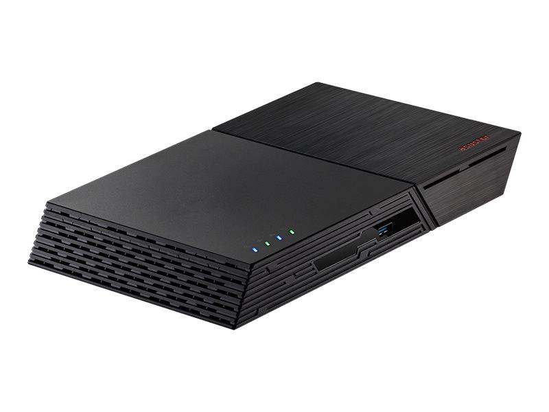 Ein schlankes, schwarzes elektronisches Gerät mit mehreren LED-Anzeigen auf der Oberseite, das einem Spielekonsolen- oder digitalen Mediaplayer ähnelt.