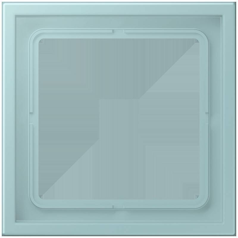 Ein quadratisches, transparentes, hellblaues Glaspaneel mit abgeschrägter Kante und subtilen Reflexionen.