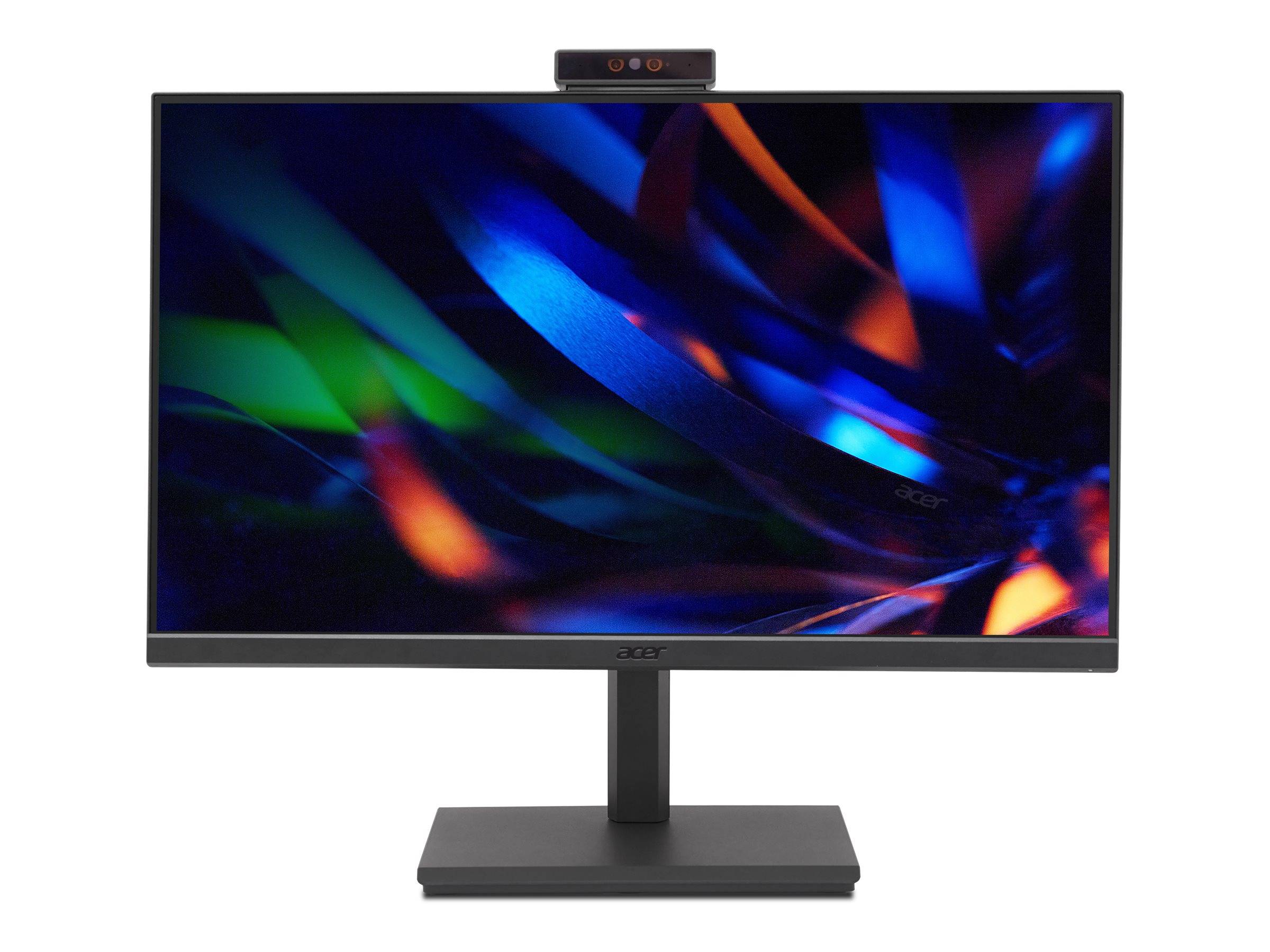 Ein Desktop-Monitor mit einer integrierten Webcam oben, auf dem ein abstraktes farbenfrohes Lichtmuster auf weißem Hintergrund angezeigt wird.