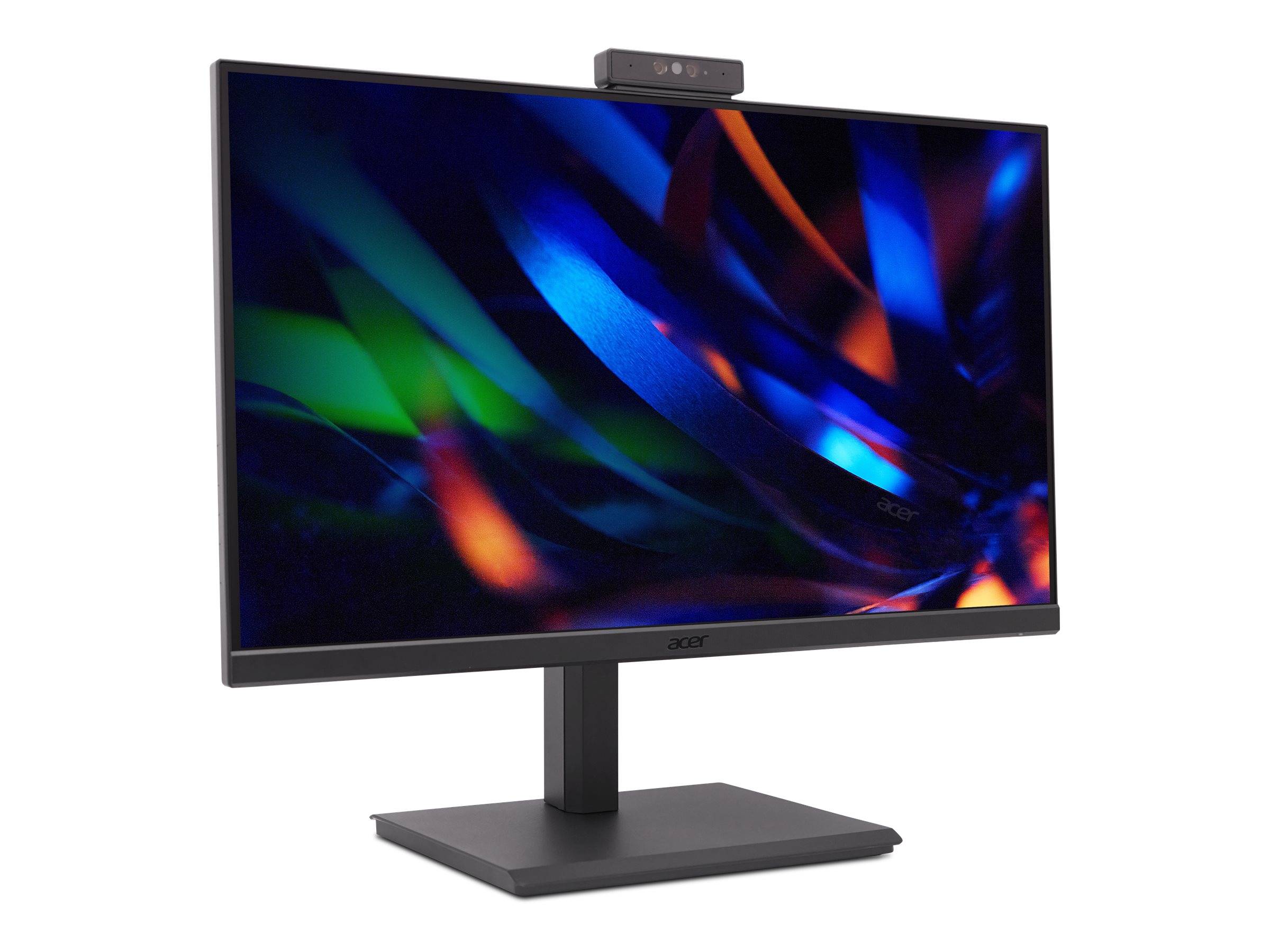 Ein schwarzer Desktop-Monitor mit integrierter Webcam oben, zeigt eine farbenfrohe abstrakte Anzeige auf weißem Hintergrund.