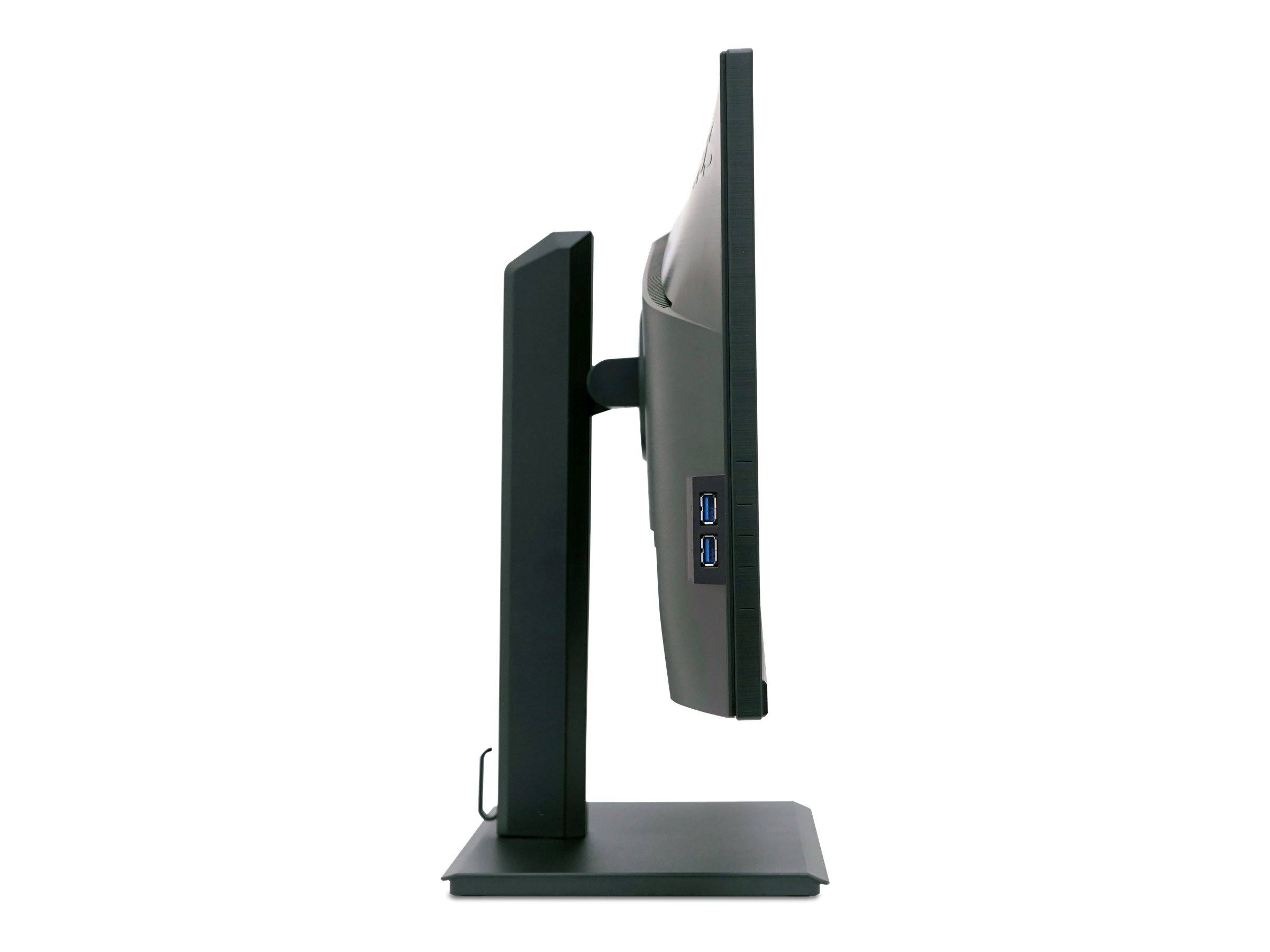Seitenansicht eines Computermonitors auf einem Ständer mit rechteckiger Basis und zwei USB-Anschlüssen an der Seite.