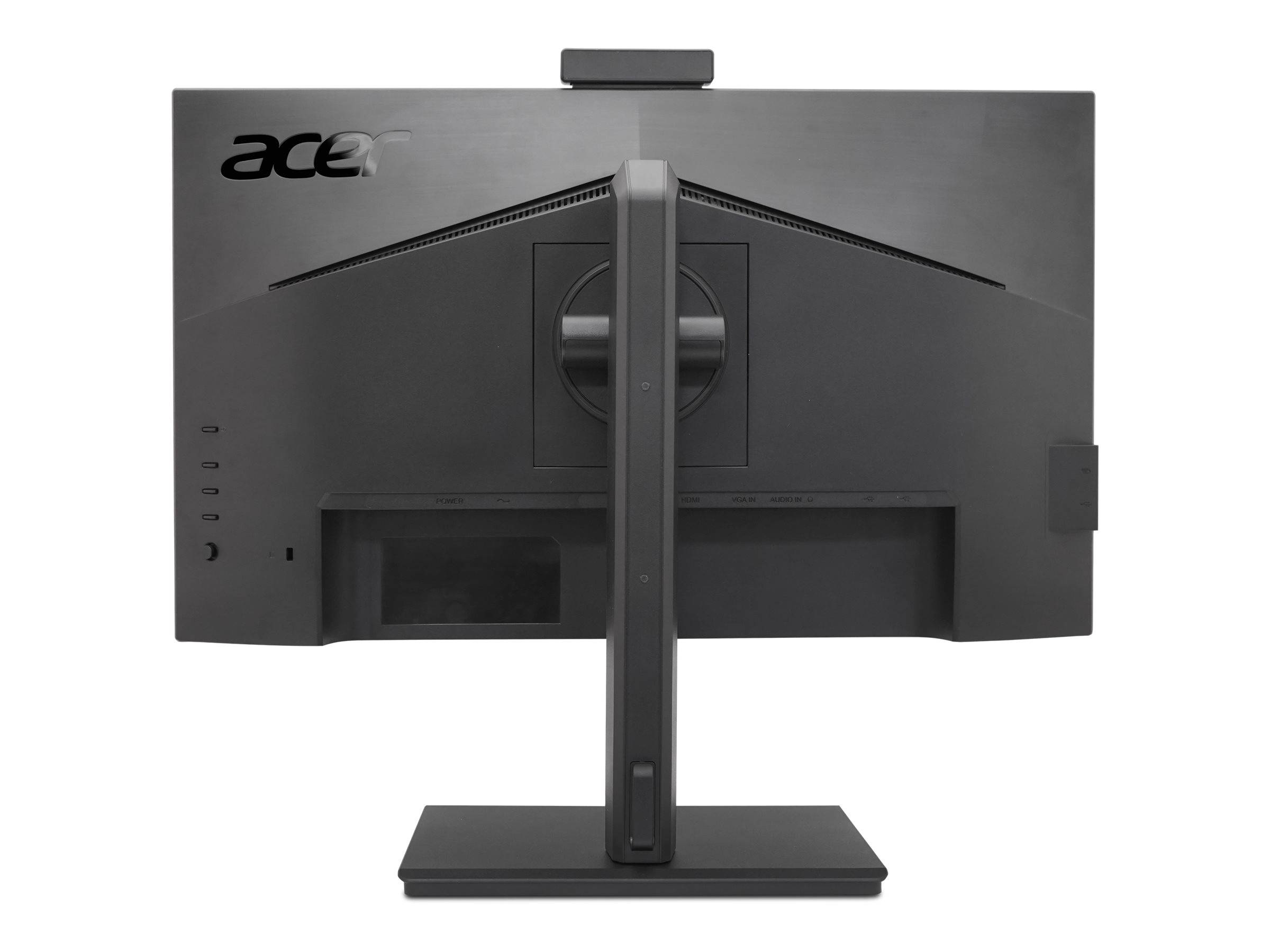 Rückansicht eines Acer-Computermonitors auf einem Ständer, die die Rückseite, die zentrale Halterung und die Kabelanschlüsse zeigt.