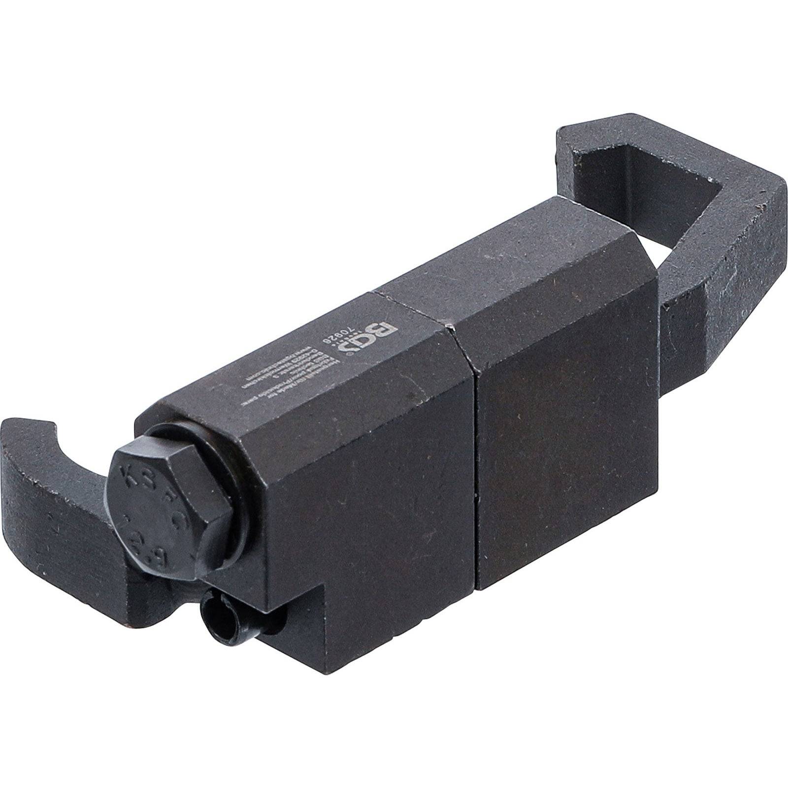 Ein Metallkettenbrecher-Werkzeug mit schwarzer Oberfläche, mit einem zylindrischen Griff und einem kleinen Hebel zum Brechen von Ketten, dargestellt auf weißem Hintergrund.