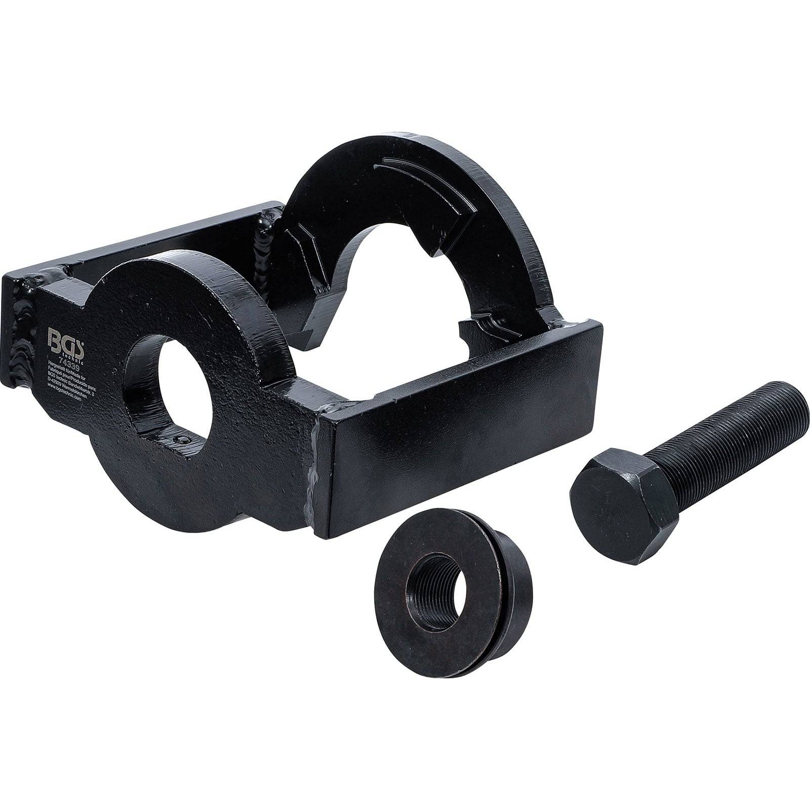 Ein schwarzer Lagerzieher-Werkzeugsatz, bestehend aus einer U-förmigen Klemme, einem Bolzen und einem kreisförmigen Adapter, entwickelt zum Entfernen von Kugellager.