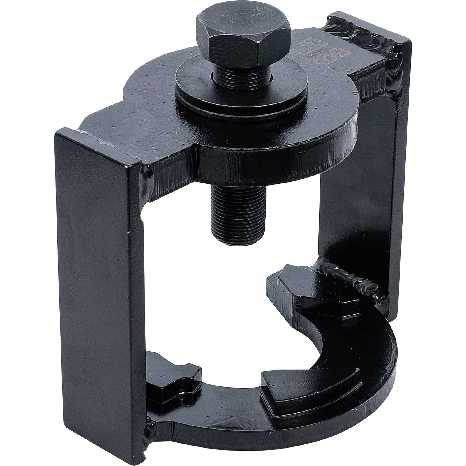 Ein schwarzes Metalltool mit Bolzen- und Klemmdesign, das zum Abziehen von Zahnrädern oder Lagern in mechanischen Anwendungen verwendet wird.