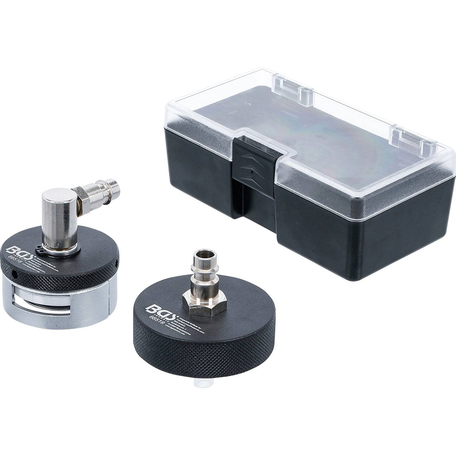 BGS-Werkzeuge Ventilfedern-Kompressor-Set, bestehend aus zwei metallischen Komponenten mit Ventilen, neben einem geschlossenen schwarzen und transparenten Etui.