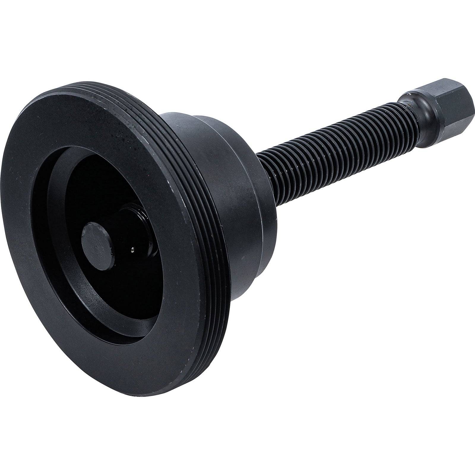 Schwarzes Metallzylinderzugwerkzeug mit Gewindestange und großem flachen Kopf, das zum Entfernen oder Installieren von Riemenscheibensystemen verwendet wird.