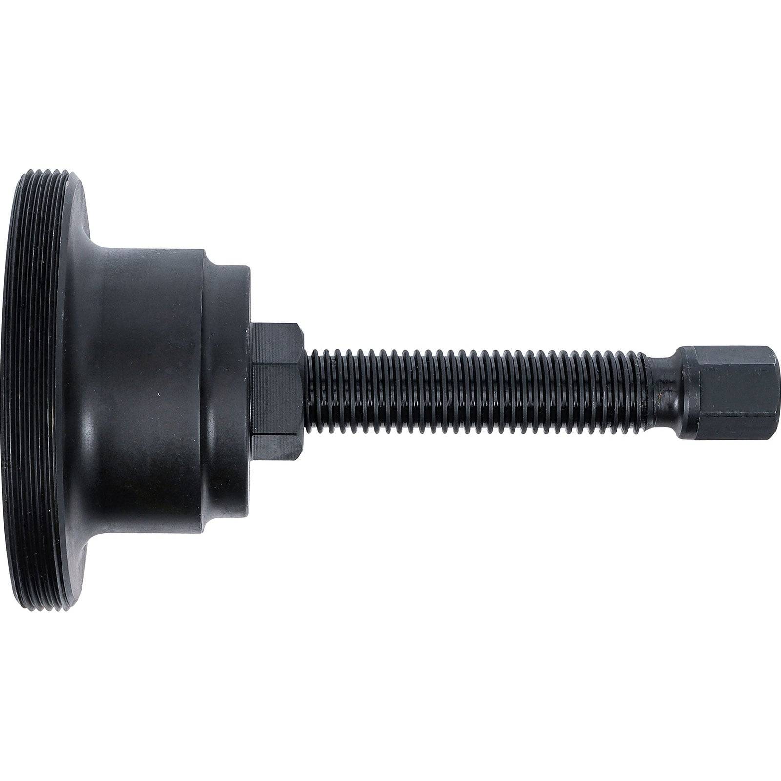 Ein schwarzes, gewindegängiges Zylinderwerkzeug mit sechseckiger Oberseite, das zum Ausüben von Druck oder Ziehen verwendet wird. Es verfügt über eine breite, flache Basis.