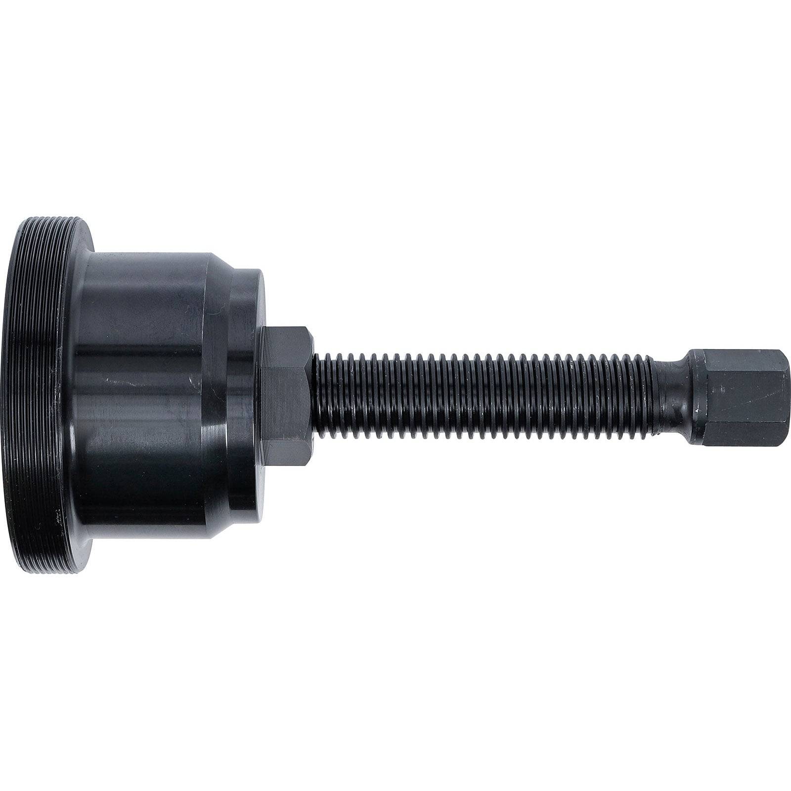 Ein schwarzes Metallwerkzeug mit einer Gewindestange und einem zylindrischen Ende, das einem Kurbelwellenscheiben-Halter ähnelt und wahrscheinlich bei der Autoreparatur verwendet wird.