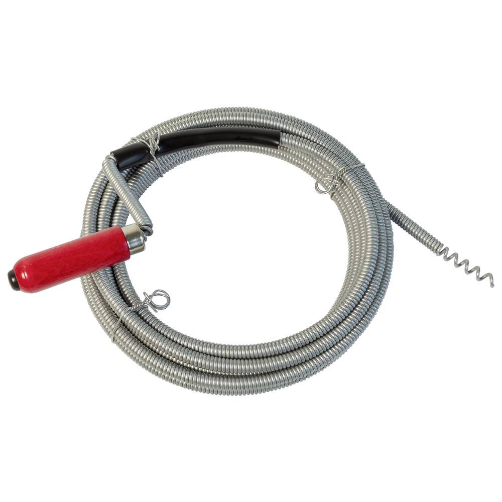 Eine flexible Metallabflussrohrreinigung mit rotem Griff, ordentlich aufgewickelt. Wird zum Freimachen verstopfter Rohre verwendet, indem sie durch Rohre gewickelt wird.