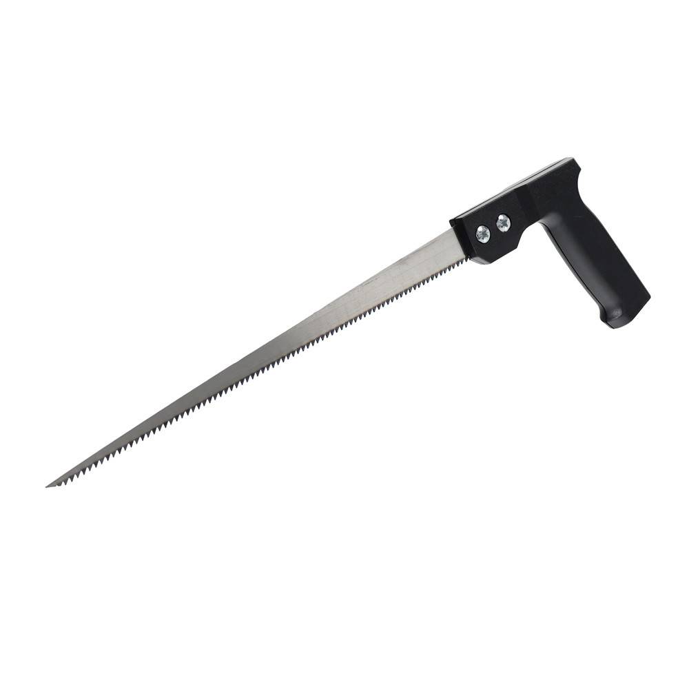 Eine Metallhandsäge mit einer gezahnten Klinge und einem schwarzen Griff, die typischerweise zum Schneiden von Holz oder anderen Materialien verwendet wird.